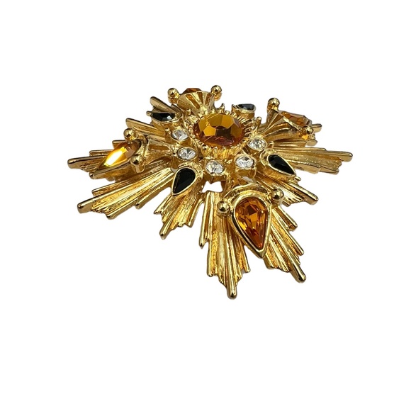 JOAN RIVERS STARBURST AMBER, GOLD & BLACK BROOCH - Picture 3 of 14